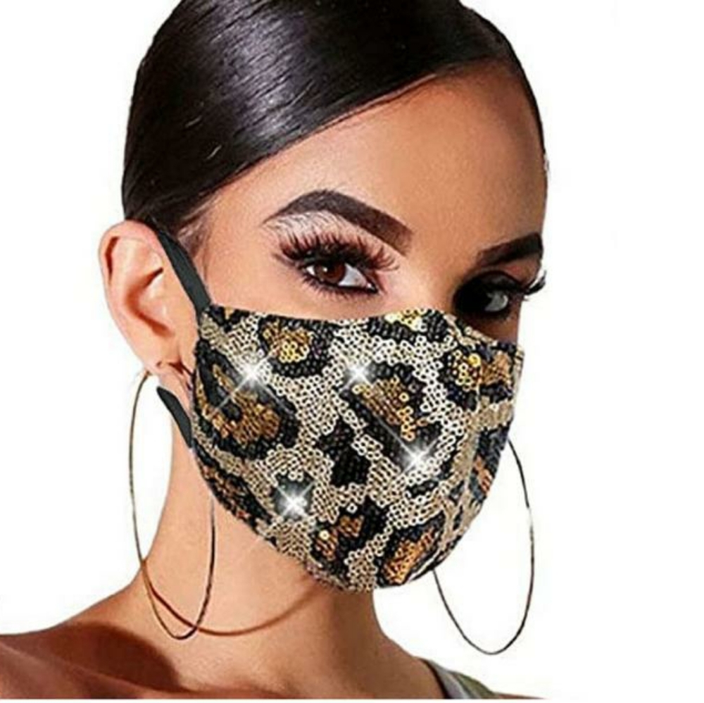 2 pk Fashion Sequin Bling Party Leopard Face Mask